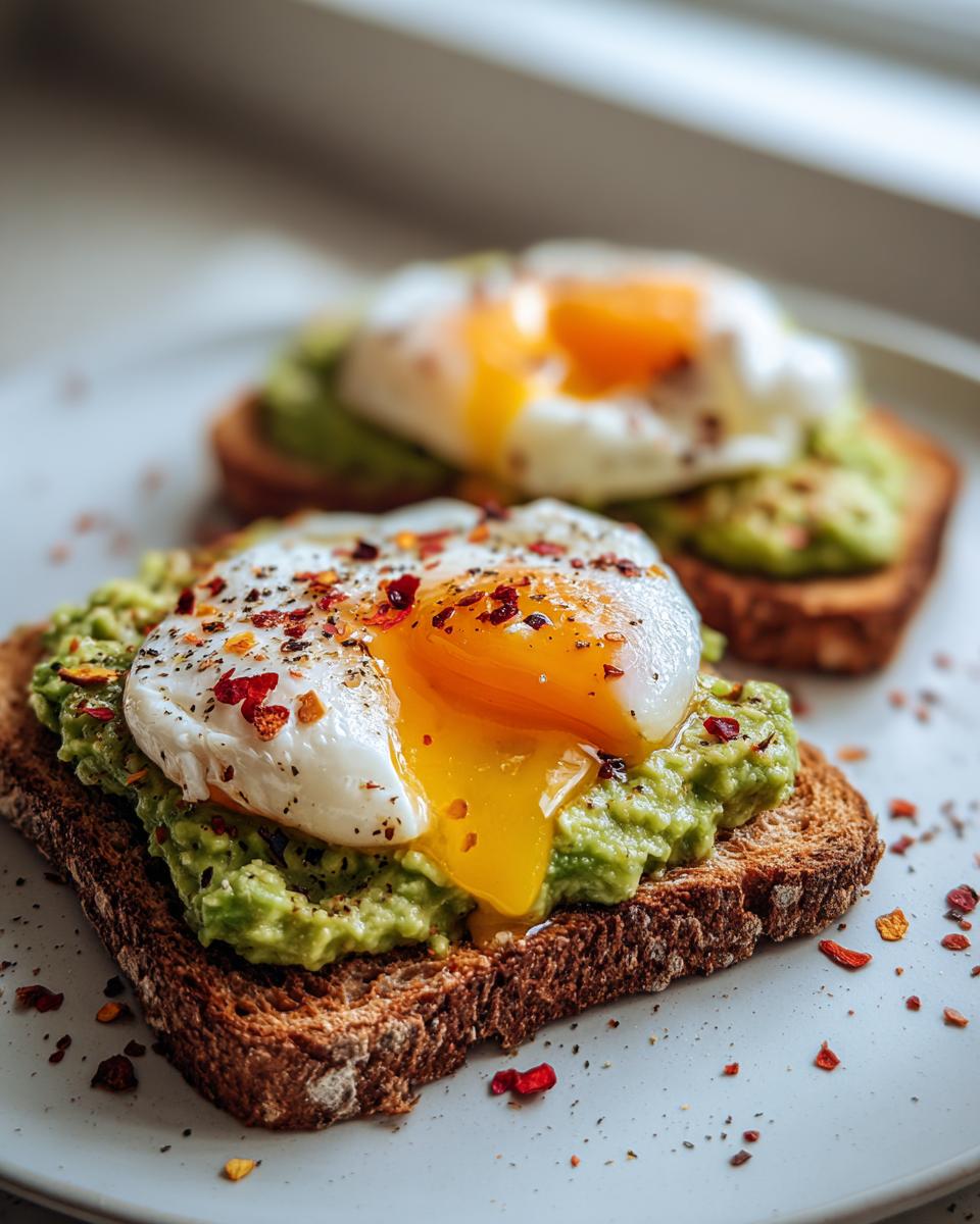 Close-up of perfect egg avocado toast with a runny yolk and sprinkled chili flakes.
