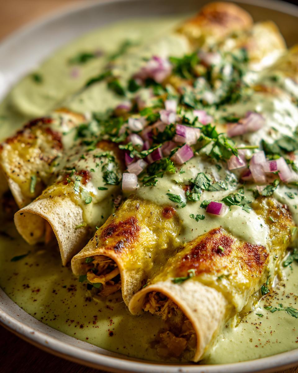 Close-up of Enchiladas Suizas topped with creamy green sauce, chopped cilantro, and red onion.