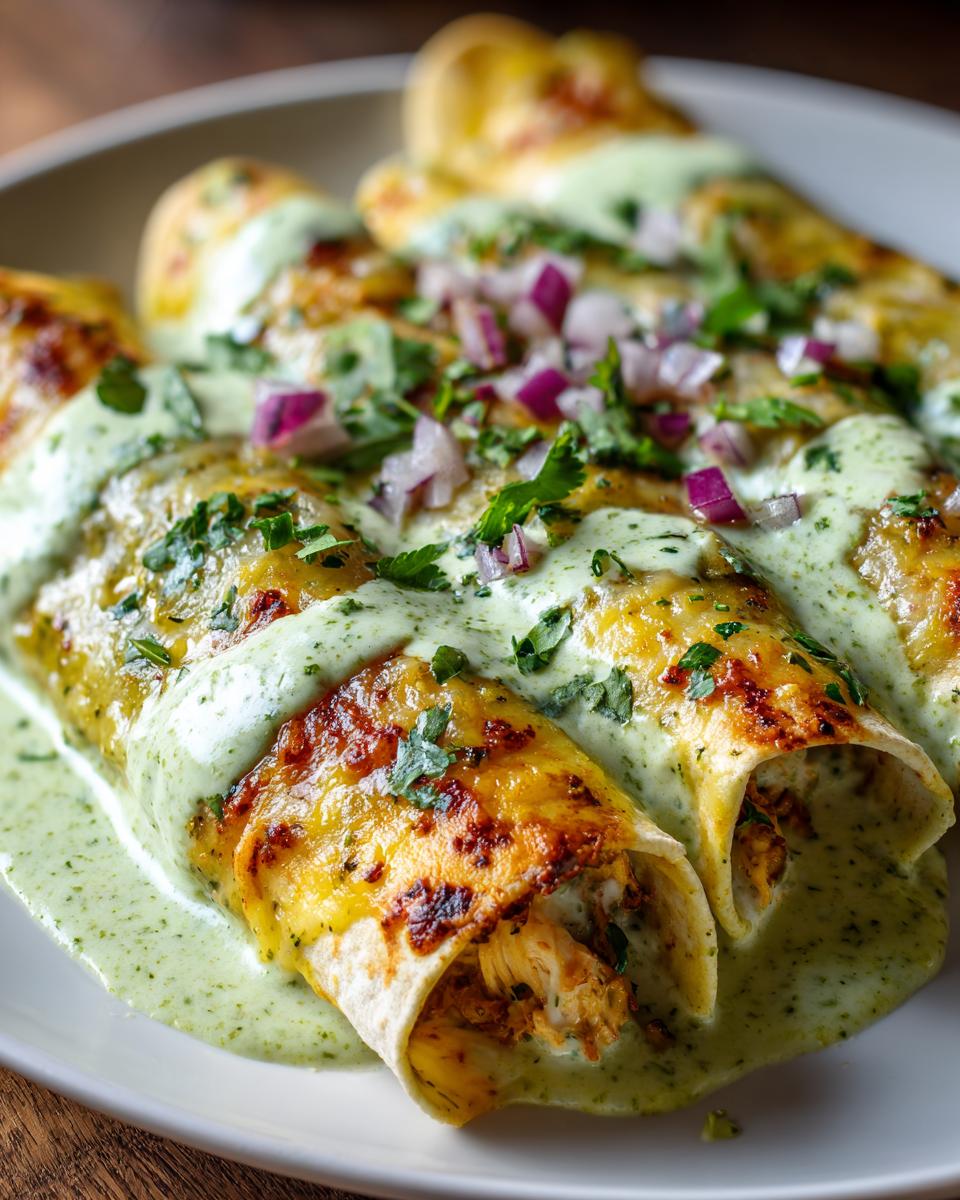 Close-up of three enchiladas suizas covered in green sauce, melted cheese, and topped with cilantro and red onion.