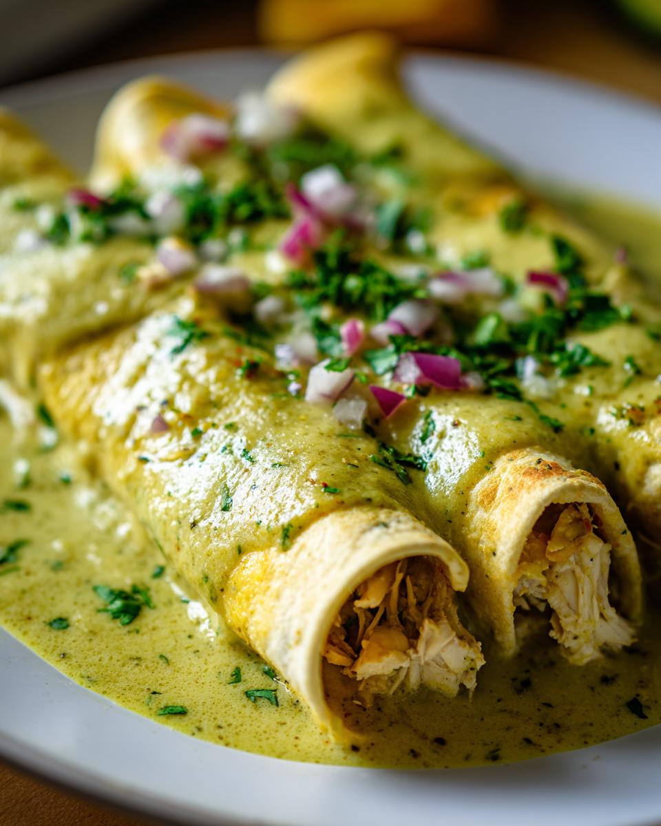 Close-up of three Enchiladas Suizas covered in a creamy green sauce, topped with diced red onion and cilantro.