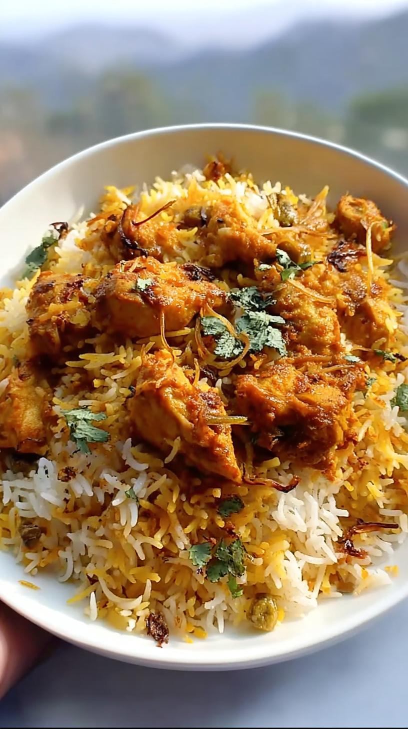 A close-up of a bowl filled with Fragrant Butter Chicken Biryani, showcasing tender chicken pieces atop fluffy, saffron-infused rice, garnished with fresh cilantro and fried onions.