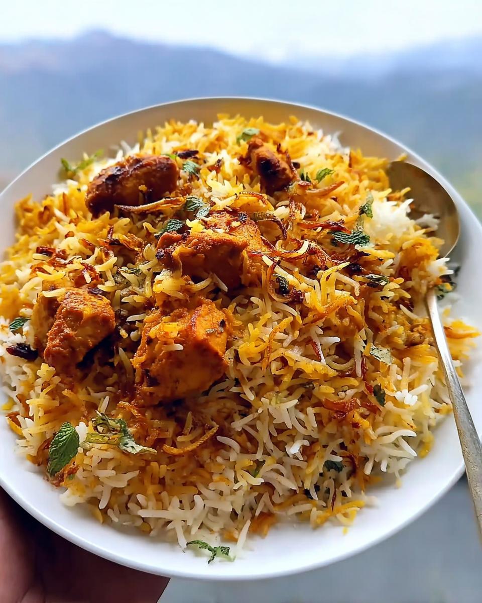 A close-up of a white bowl filled with Fragrant Butter Chicken Biryani, topped with chicken pieces, fried onions, and mint leaves.