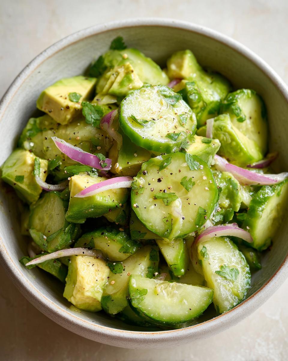 Close-up of a Fresh Cucumber Avocado Salad with red onion and cilantro in a rustic bowl.
