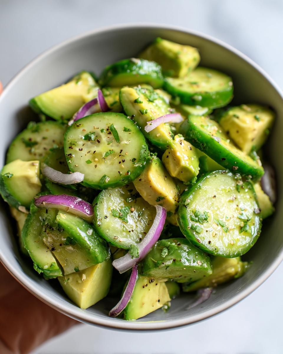 A close-up shot of a bowl filled with Fresh Cucumber Avocado Salad, featuring sliced cucumbers, avocado chunks, and red onion.