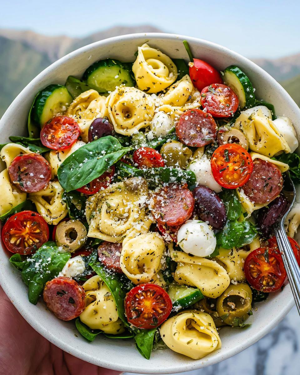 A bowl of Fresh Italian Tortellini Pasta Salad with cherry tomatoes, olives, salami, mozzarella balls, and cucumber, topped with parmesan cheese.