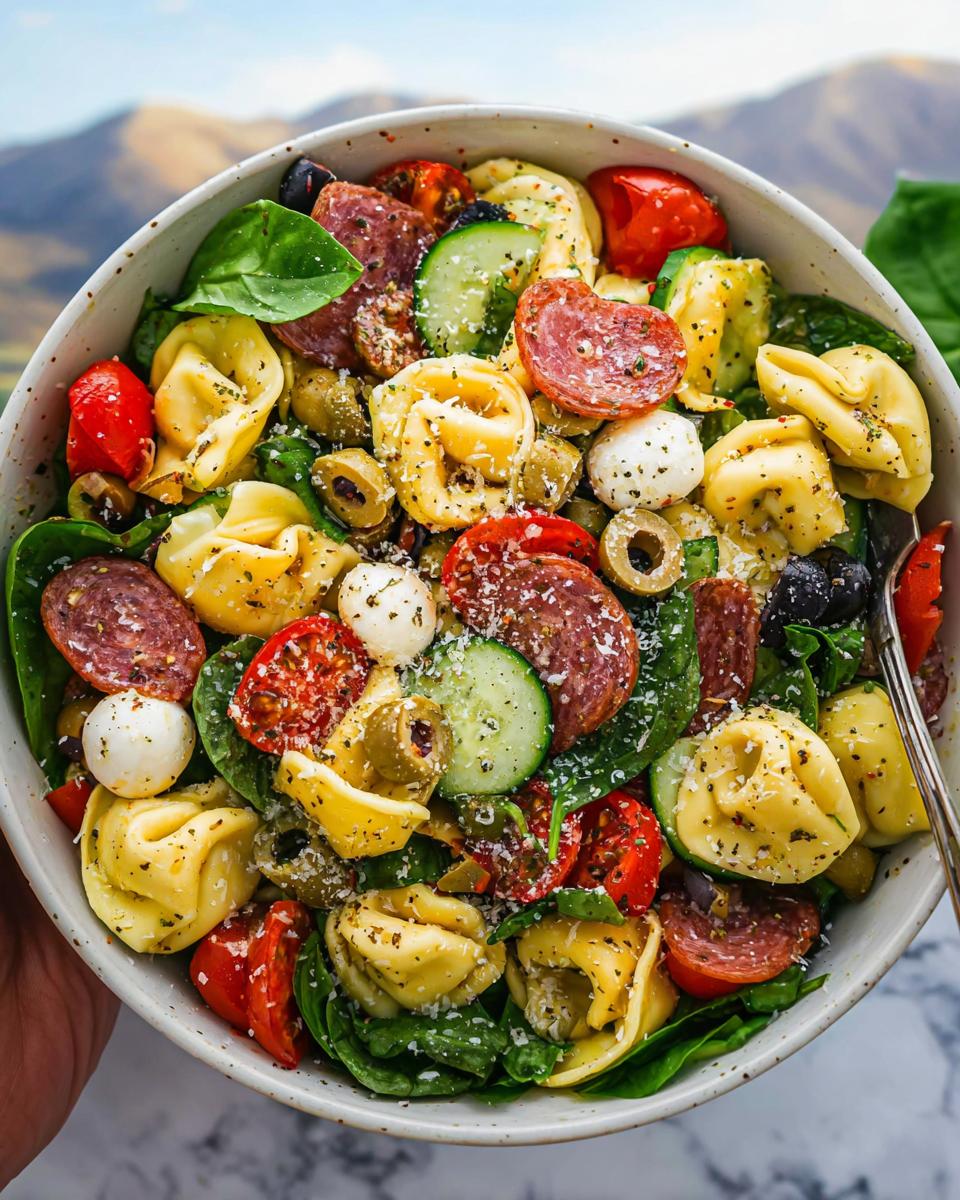 A vibrant bowl of Fresh Italian Tortellini Pasta Salad with salami, mozzarella balls, olives, tomatoes, and cucumber.