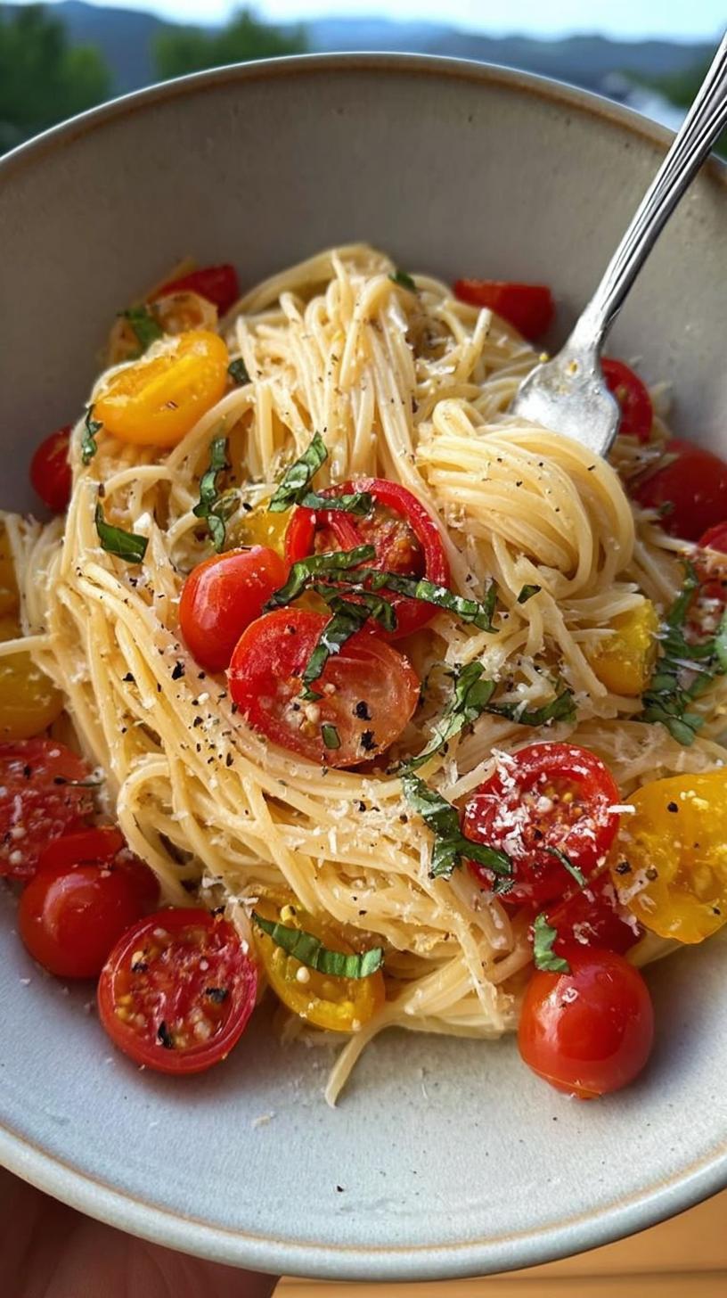 A close-up of Fresh Summer Garden Pasta with Tomatoes and Basil, tossed with spaghetti, cherry tomatoes, and fresh basil.