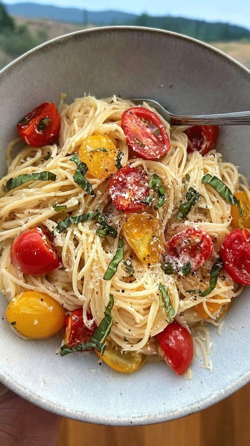 A close-up of Fresh Summer Garden Pasta with Tomatoes and Basil, topped with grated cheese and black pepper.