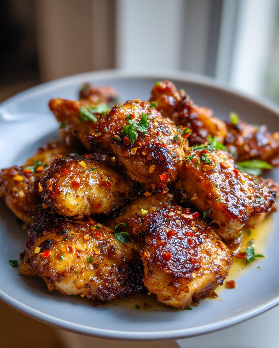 Close-up of golden brown garlic butter chicken bites, glistening with sauce and sprinkled with chili flakes and parsley.