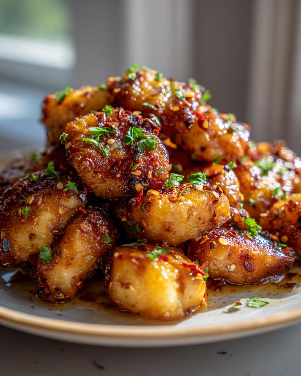A close-up of a pile of golden-brown garlic butter chicken bites, glistening with sauce and sprinkled with chili flakes and parsley.