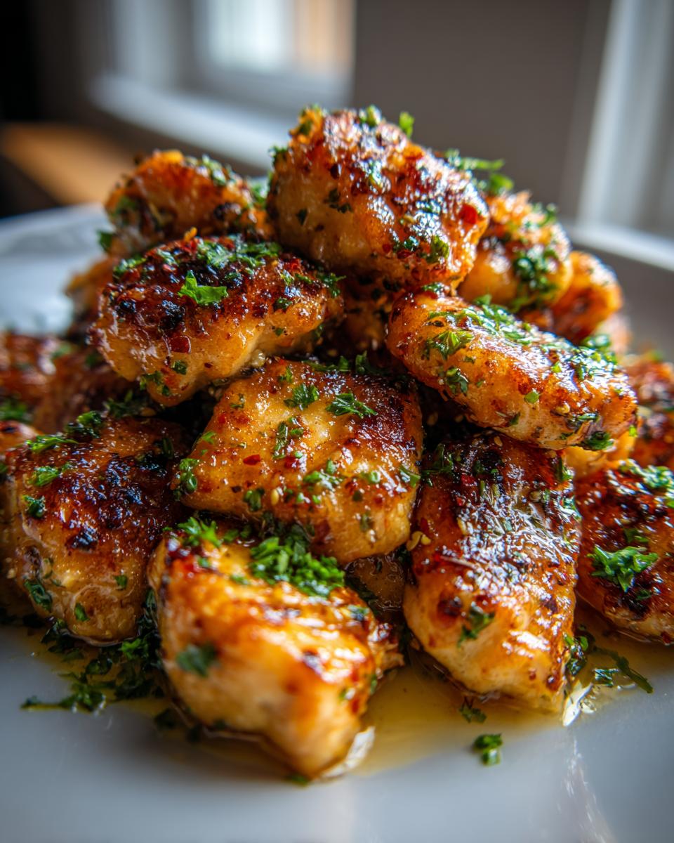 A close-up pile of golden-brown garlic butter chicken bites, glistening with sauce and sprinkled with fresh parsley.
