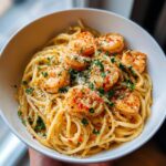 A close-up of a bowl of garlic butter shrimp pasta, topped with parsley and red pepper flakes.