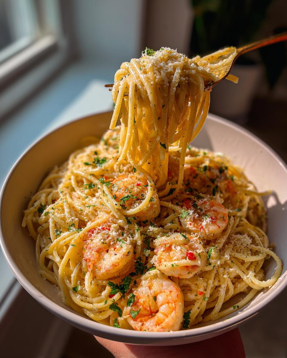 A fork twirls a generous portion of garlic butter shrimp pasta, topped with grated cheese and parsley.