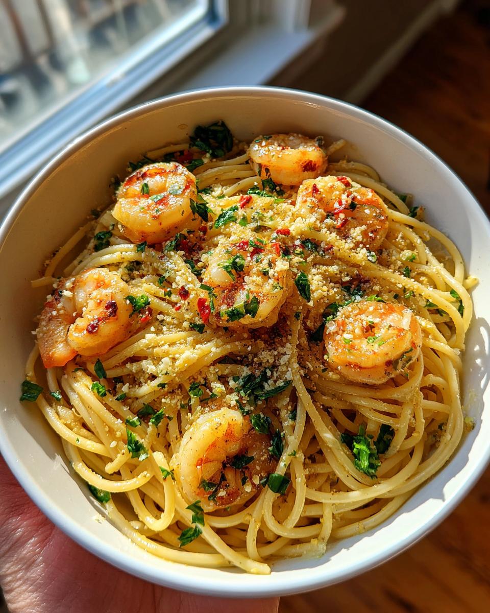 A close-up of a bowl filled with garlic butter shrimp pasta, topped with parmesan cheese and parsley.