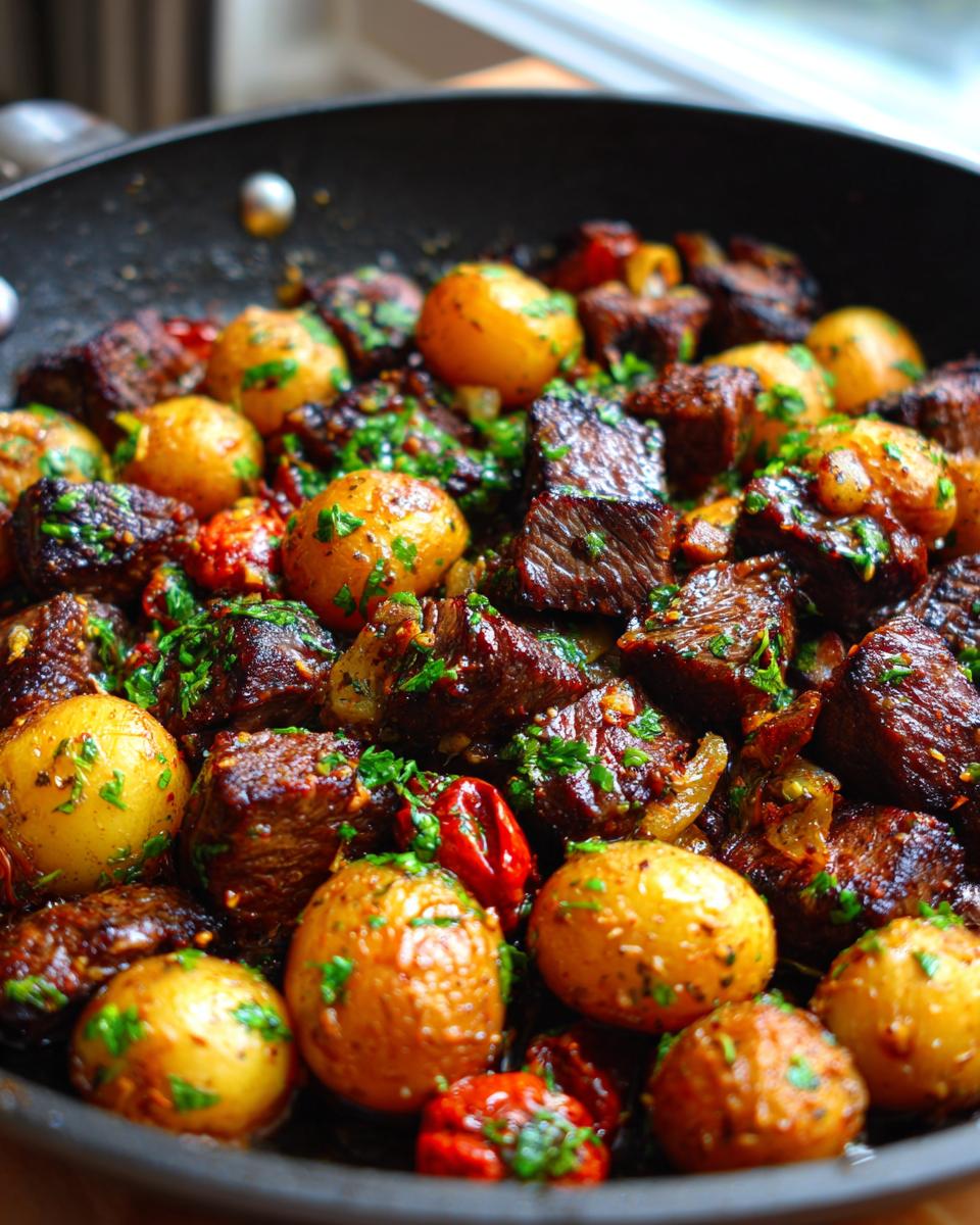 Close-up of tender garlic butter steak bites and small roasted potatoes in a skillet, garnished with fresh parsley.