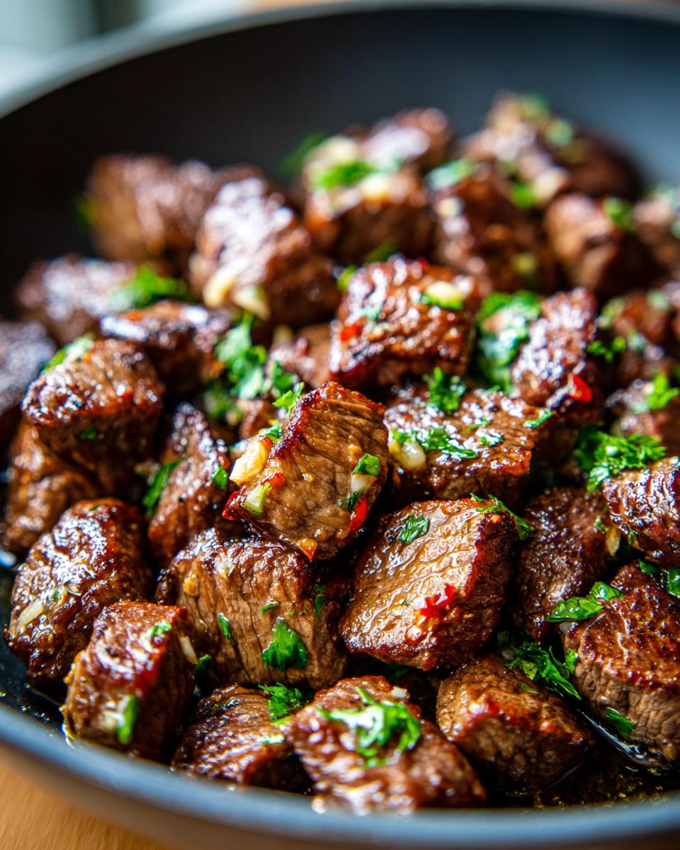 Close-up of juicy garlic butter steak bites seasoned with herbs and chili flakes, ready to serve.