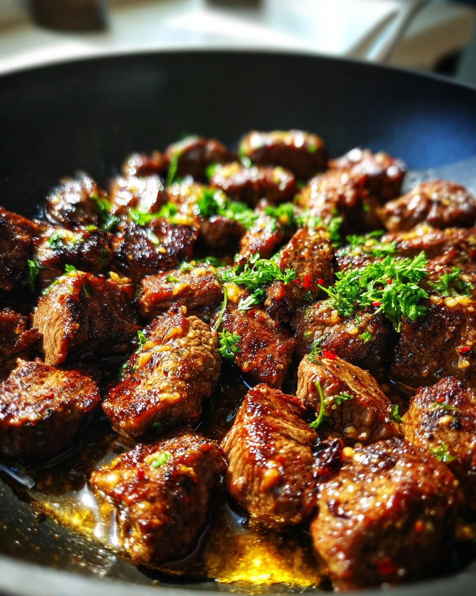 Close-up of juicy garlic butter steak bites sizzling in a pan, garnished with fresh parsley.