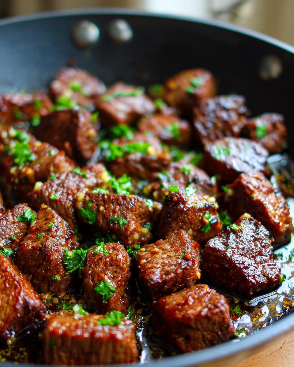 Close-up of juicy garlic butter steak bites sizzling in a black skillet, garnished with fresh parsley.
