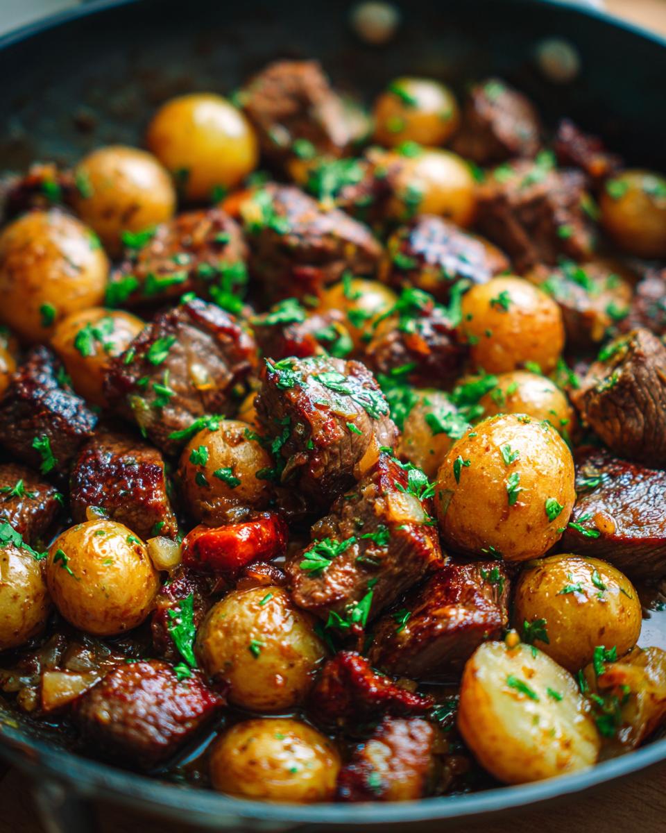 Close-up of juicy garlic butter steak and potatoes cooked in a skillet, garnished with fresh parsley.