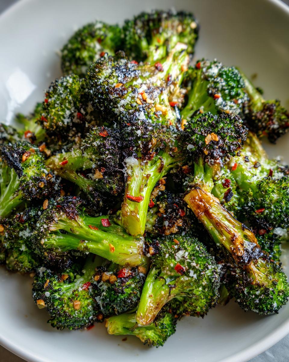 Close-up of a bowl of perfectly roasted garlic parmesan broccoli, sprinkled with chili flakes.