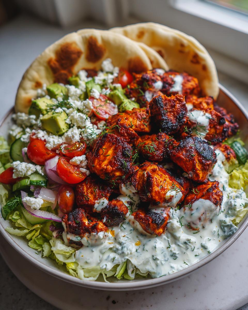 A vibrant bowl filled with Greek chicken tzatziki, featuring grilled chicken, fresh vegetables, feta cheese, and pita bread.