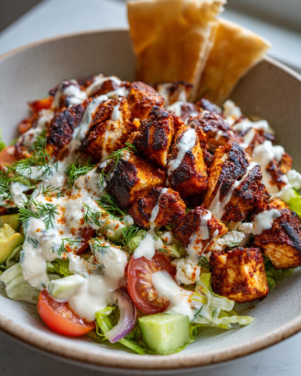 A close-up of a Greek chicken tzatziki bowl filled with seasoned chicken, lettuce, tomatoes, cucumber, feta, and drizzled with tzatziki sauce.