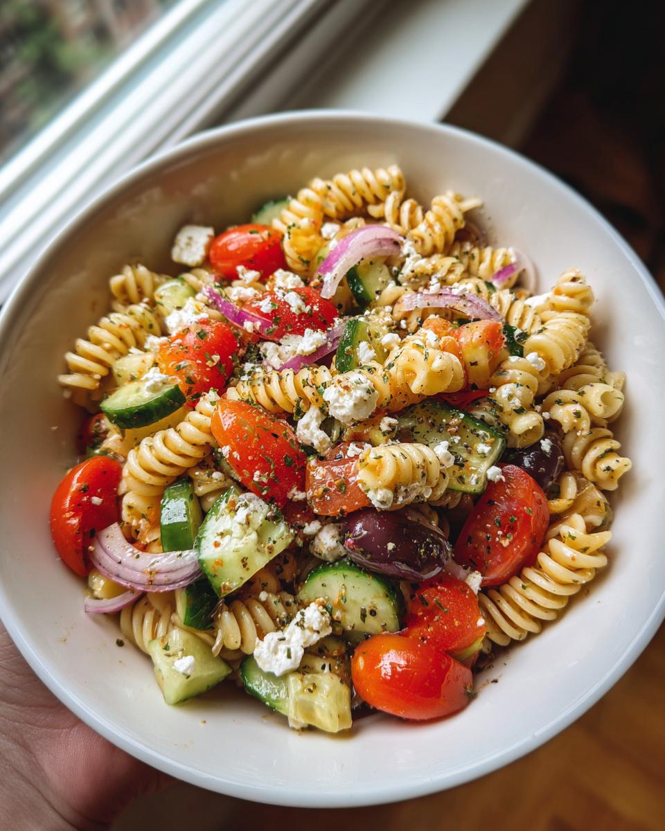 A vibrant bowl of Greek pasta salad with feta, featuring rotini pasta, cherry tomatoes, cucumber, red onion, and Kalamata olives.
