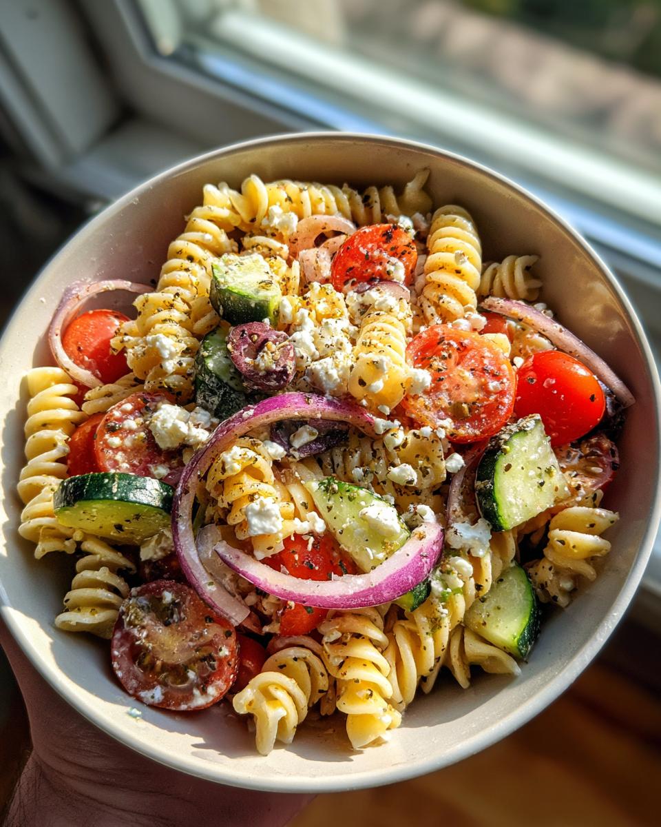A close-up of a bowl of Greek pasta salad with feta, featuring rotini pasta, cherry tomatoes, cucumber, red onion, and olives.