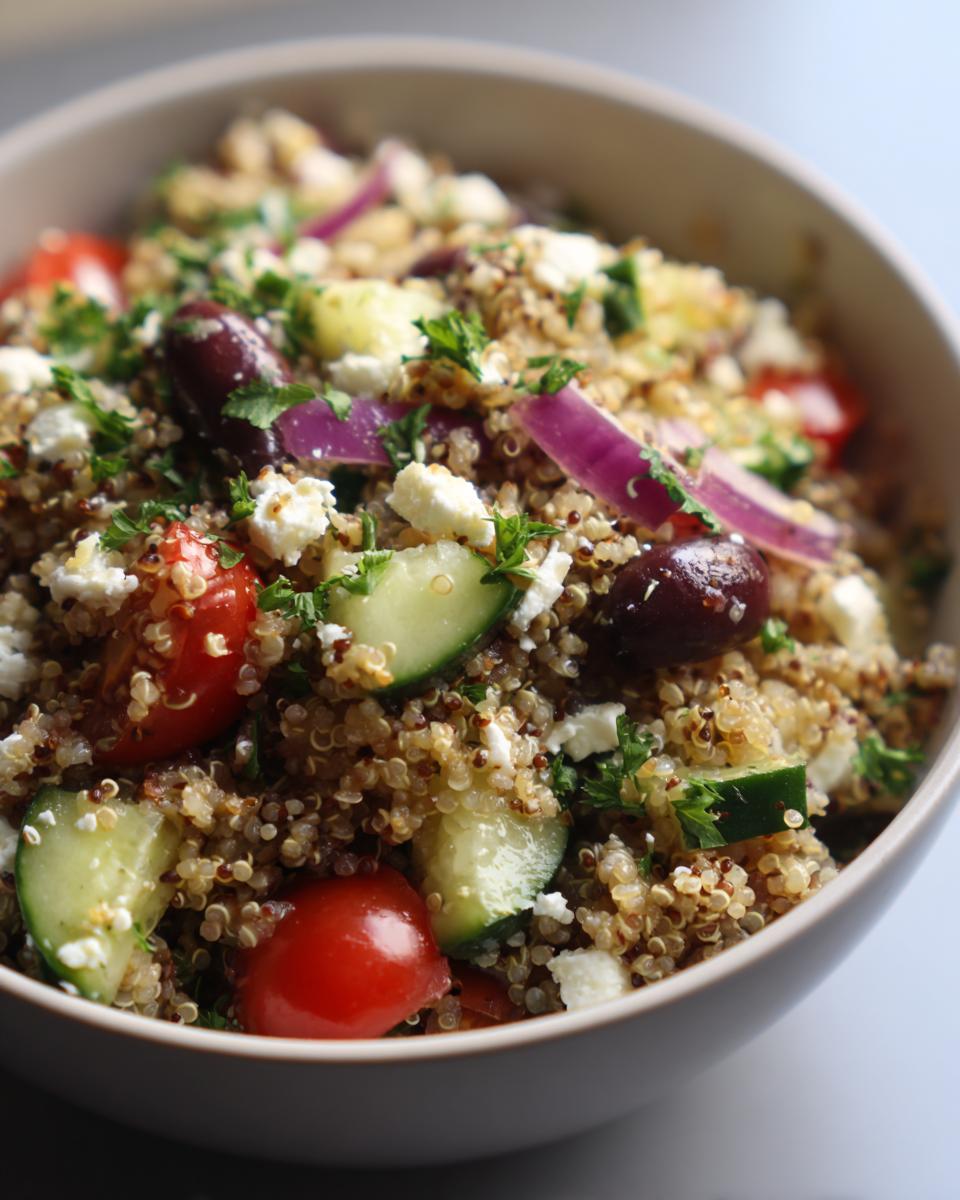 A close-up of a bowl filled with Greek quinoa salad, featuring quinoa, cherry tomatoes, cucumber, feta cheese, olives, and red onion.