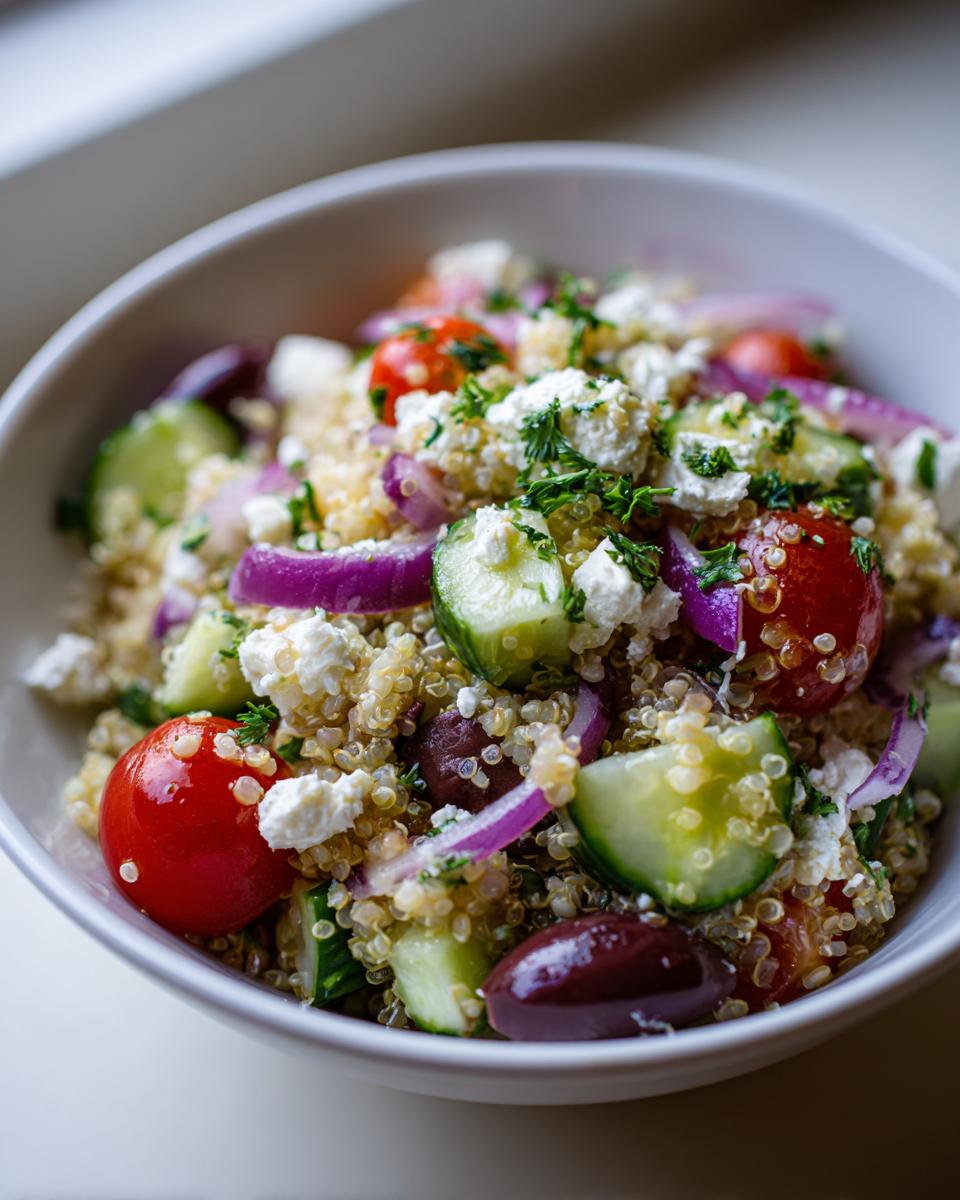 A close-up of a bowl filled with vibrant Greek quinoa salad, featuring quinoa, cherry tomatoes, cucumber, red onion, feta cheese, and olives.