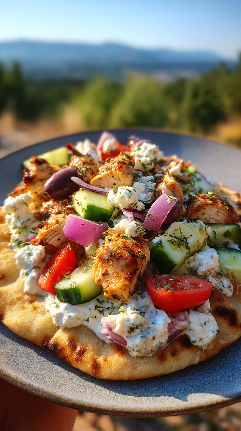 A delicious Greek Salad Cottage Cheese Flatbreads topped with grilled chicken, cucumber, tomato, red onion, olives, and feta cheese.