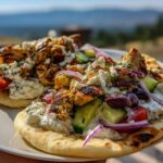 Two Greek Salad Cottage Cheese Flatbreads topped with grilled chicken, feta, cucumber, tomatoes, red onion, and olives.