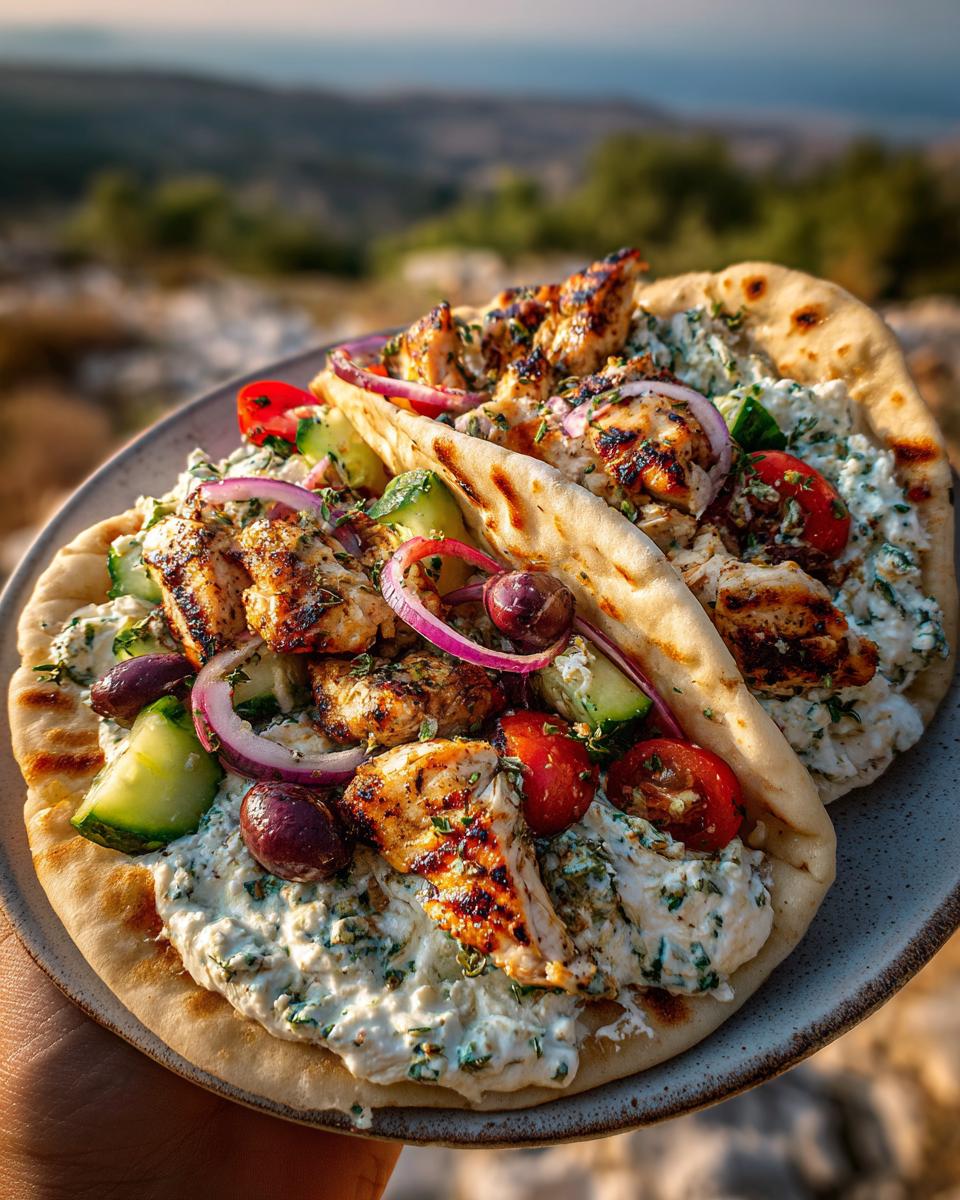 Close-up of two Greek Salad Cottage Cheese Flatbreads topped with grilled chicken, feta cheese, olives, cucumber, and tomatoes.