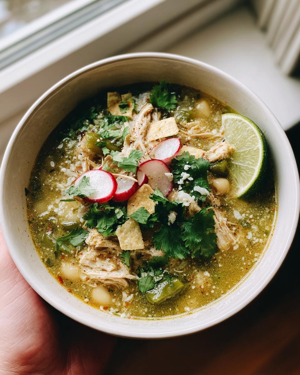 A close-up of a delicious bowl of green enchilada chicken soup, topped with radishes, cilantro, tortilla chips, and a lime wedge.