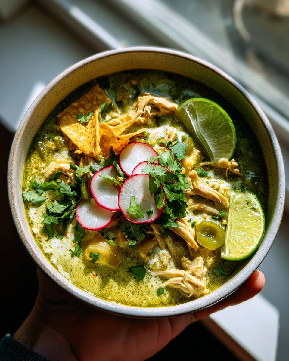 A bowl of vibrant green enchilada chicken soup topped with shredded chicken, radishes, lime, cilantro, and tortilla chips.