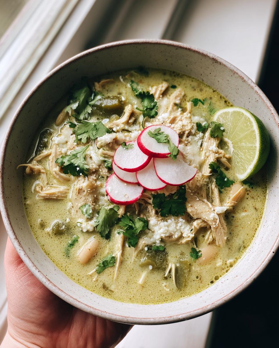 A close-up of a bowl of green enchilada chicken soup, garnished with radishes, cilantro, cheese, and lime.