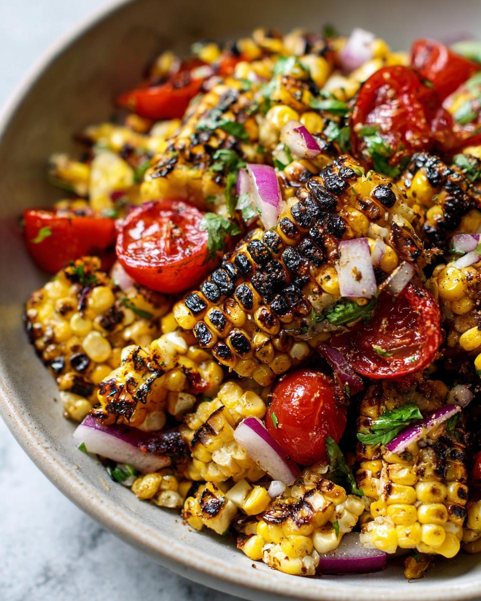 Close-up of a smoky grilled corn salad with cherry tomatoes, red onion, and fresh herbs in a bowl.