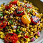 Close-up of a vibrant grilled corn salad with charred corn kernels, cherry tomatoes, red onion, and cilantro.