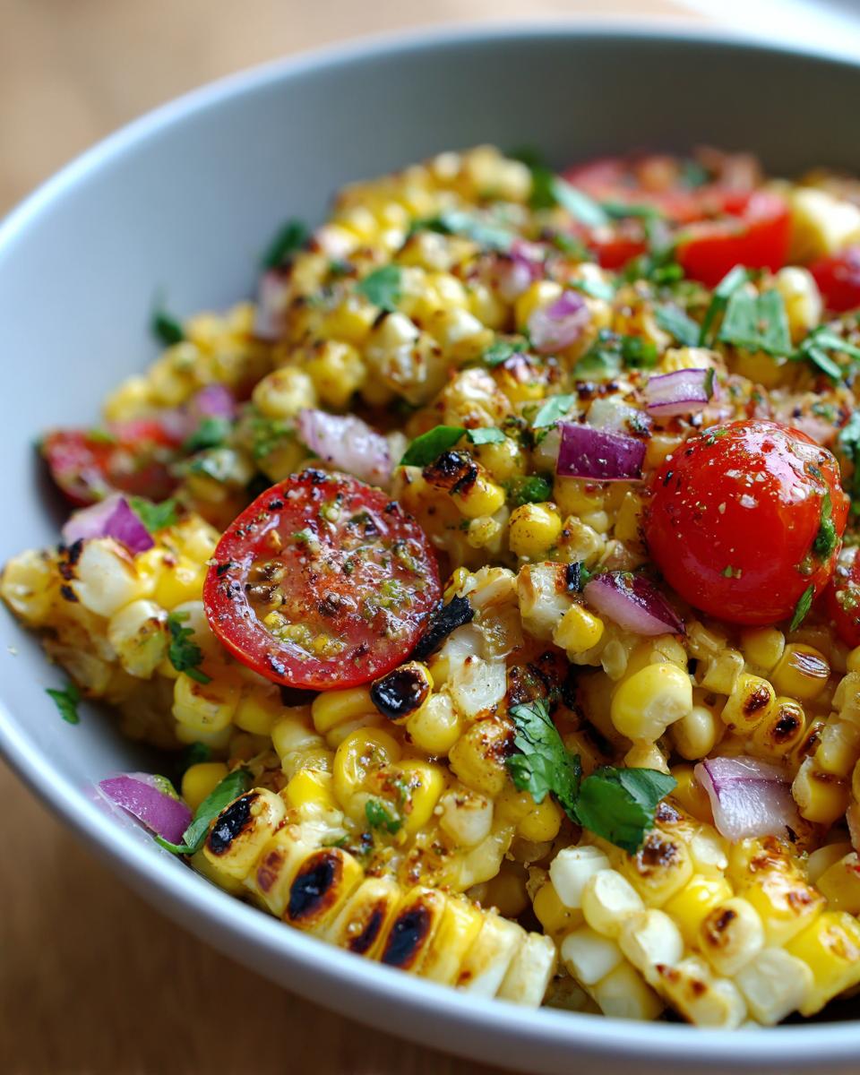Close-up of a vibrant grilled corn salad with cherry tomatoes, red onion, and fresh cilantro.