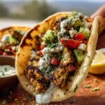 A close-up of a delicious Grilled Mediterranean Chicken Taco overflowing with chicken, tomatoes, cucumber, feta, and sauce.