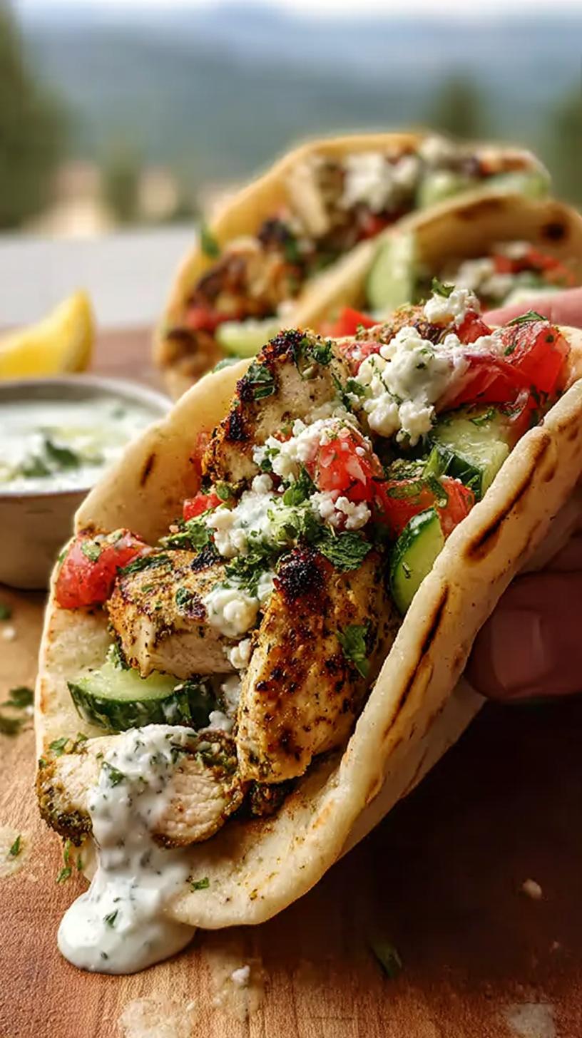 A close-up of a Grilled Mediterranean Chicken Taco filled with seasoned chicken, cucumber, tomatoes, feta cheese, and drizzled with sauce.
