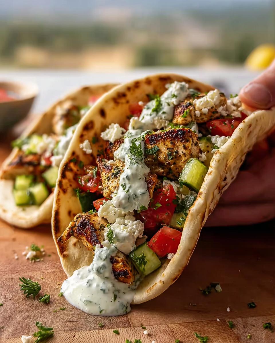 Close-up of a Grilled Mediterranean Chicken Taco filled with grilled chicken, cucumber, tomato, feta cheese, and a creamy sauce.
