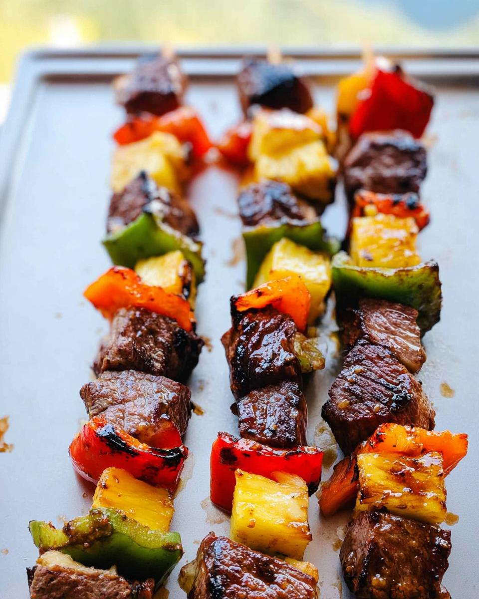 Close-up of delicious Grilled Pineapple Beef Kabobs with colorful bell peppers and juicy pineapple chunks.