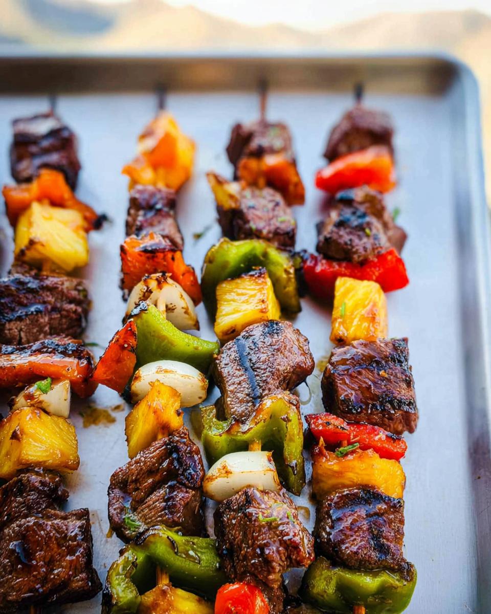 Close-up of perfectly grilled pineapple beef kabobs with colorful bell peppers and onions.