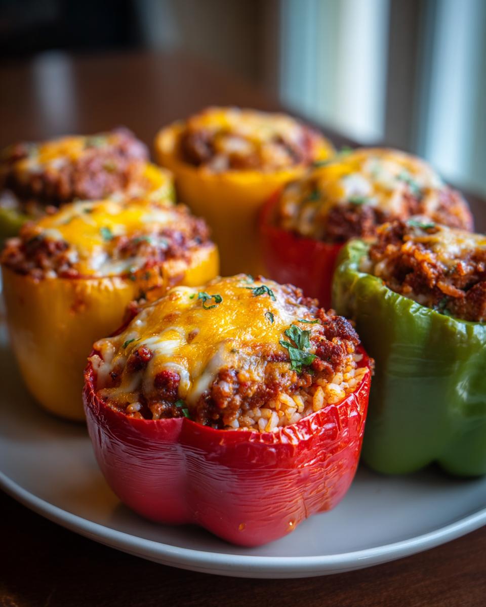 A plate of colorful ground beef stuffed peppers, topped with melted cheese and fresh parsley.