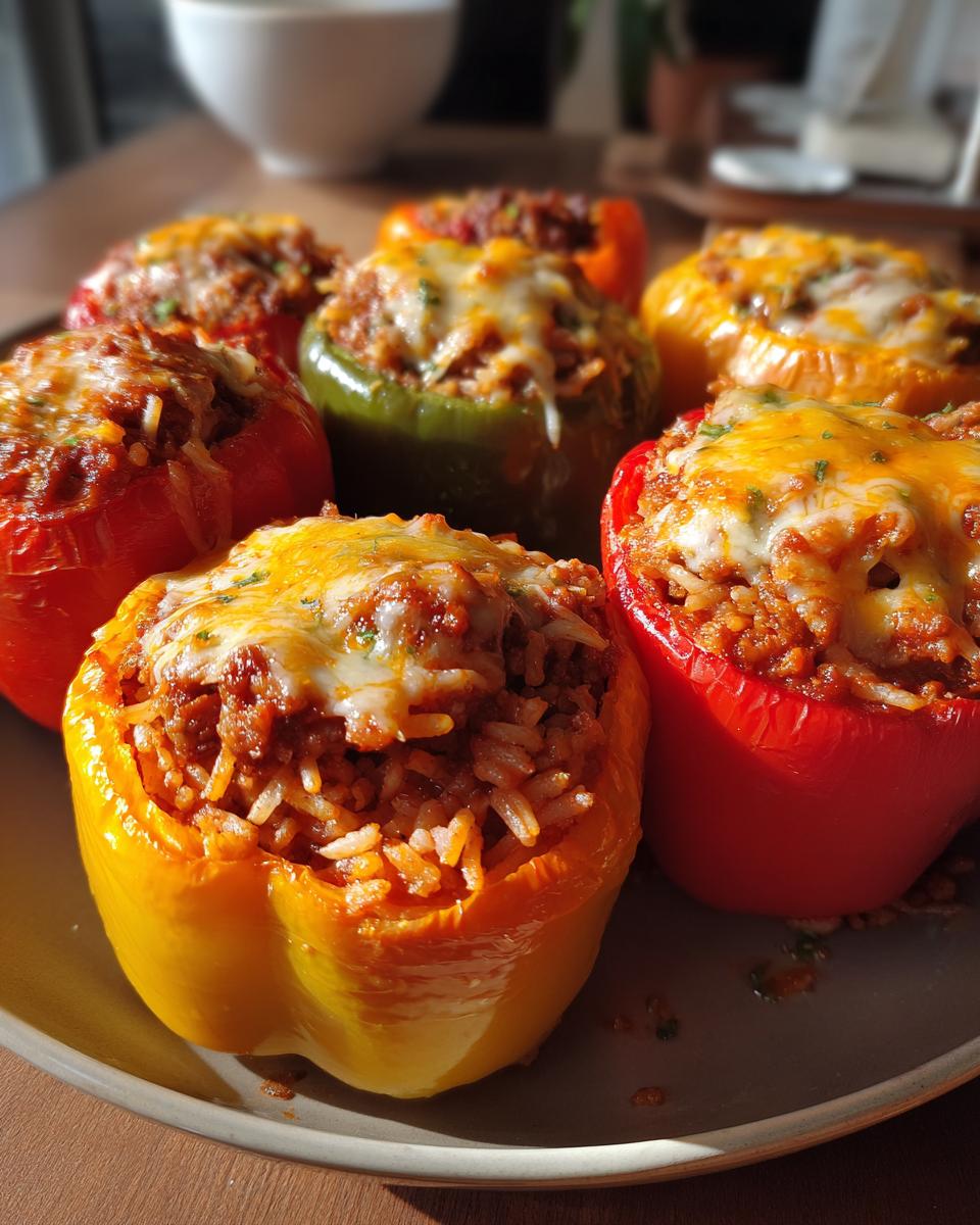A plate of colorful ground beef stuffed peppers, topped with melted cheese and herbs.