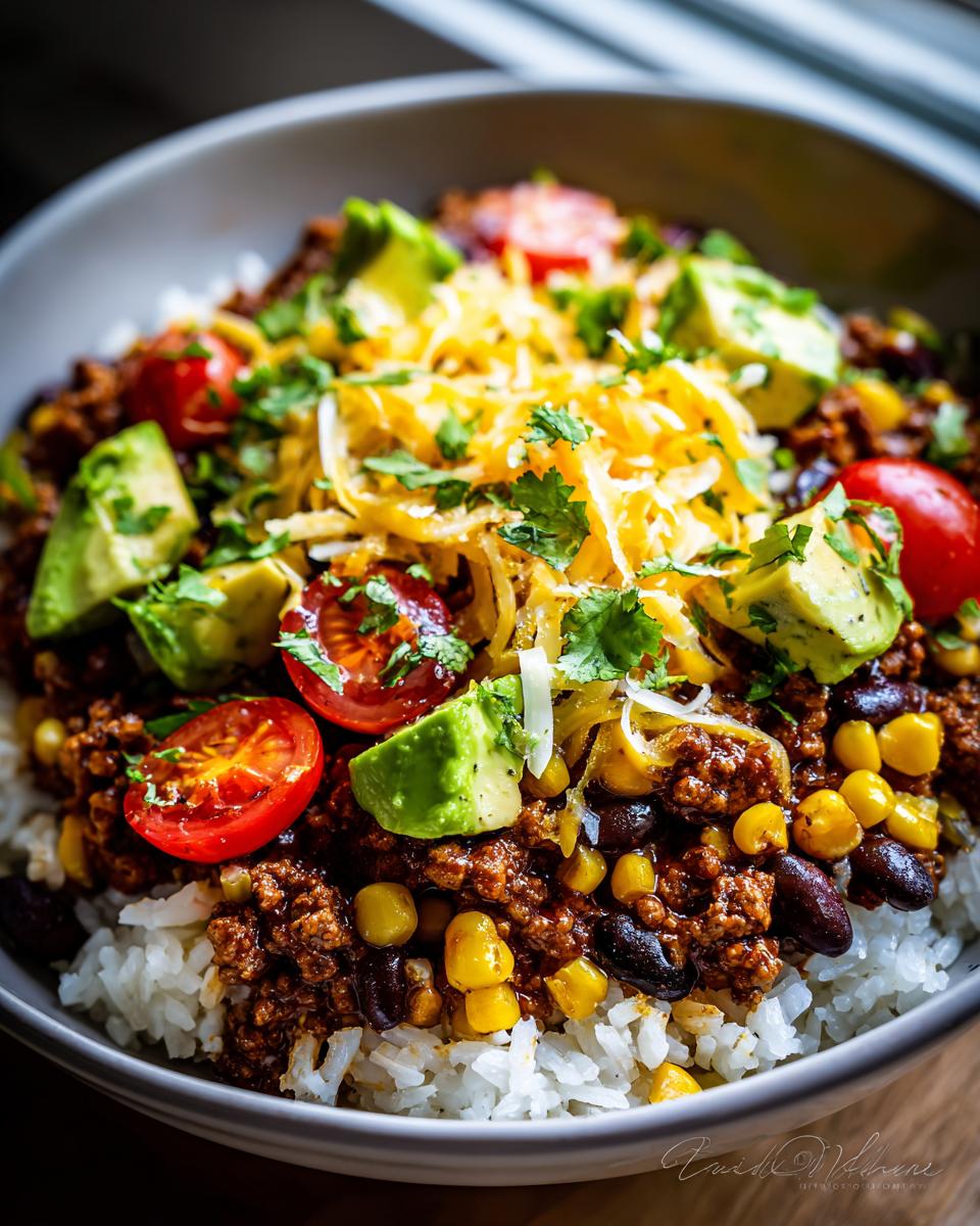 A close-up of a ground turkey taco bowl with rice, seasoned ground turkey, black beans, corn, avocado, tomatoes, and shredded cheese.