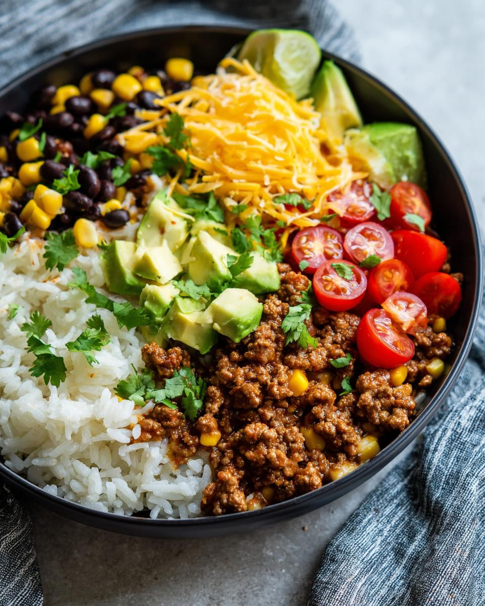 A close-up of a delicious ground turkey taco bowl filled with rice, seasoned ground turkey, black beans, corn, tomatoes, avocado, cheese, and lime.