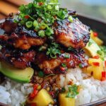 A delicious Hawaiian Huli Huli Chicken Rice Stack with grilled chicken, pineapple, avocado, and fresh herbs.