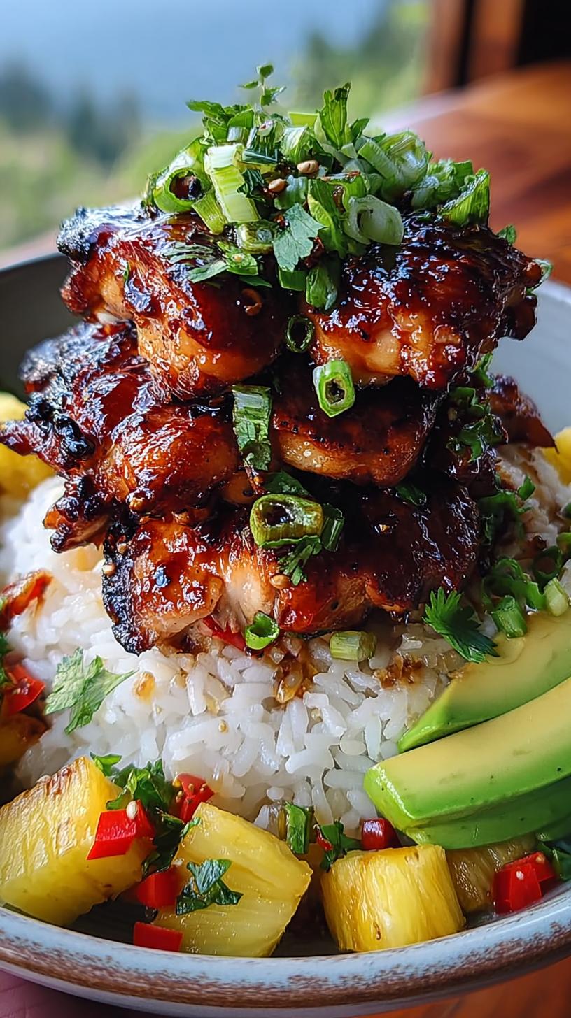 A tall stack of Hawaiian Huli Huli Chicken served over rice, topped with green onions and garnished with pineapple chunks, avocado slices, and chili peppers.